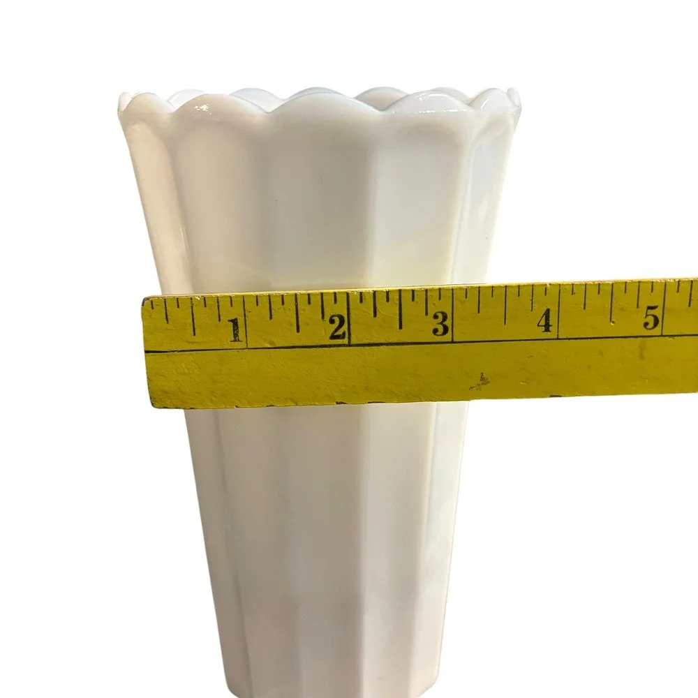 Vintage White Milk Glass Paneled Scalloped Rim Flower Vase 9 Inch Tapered Ribbed